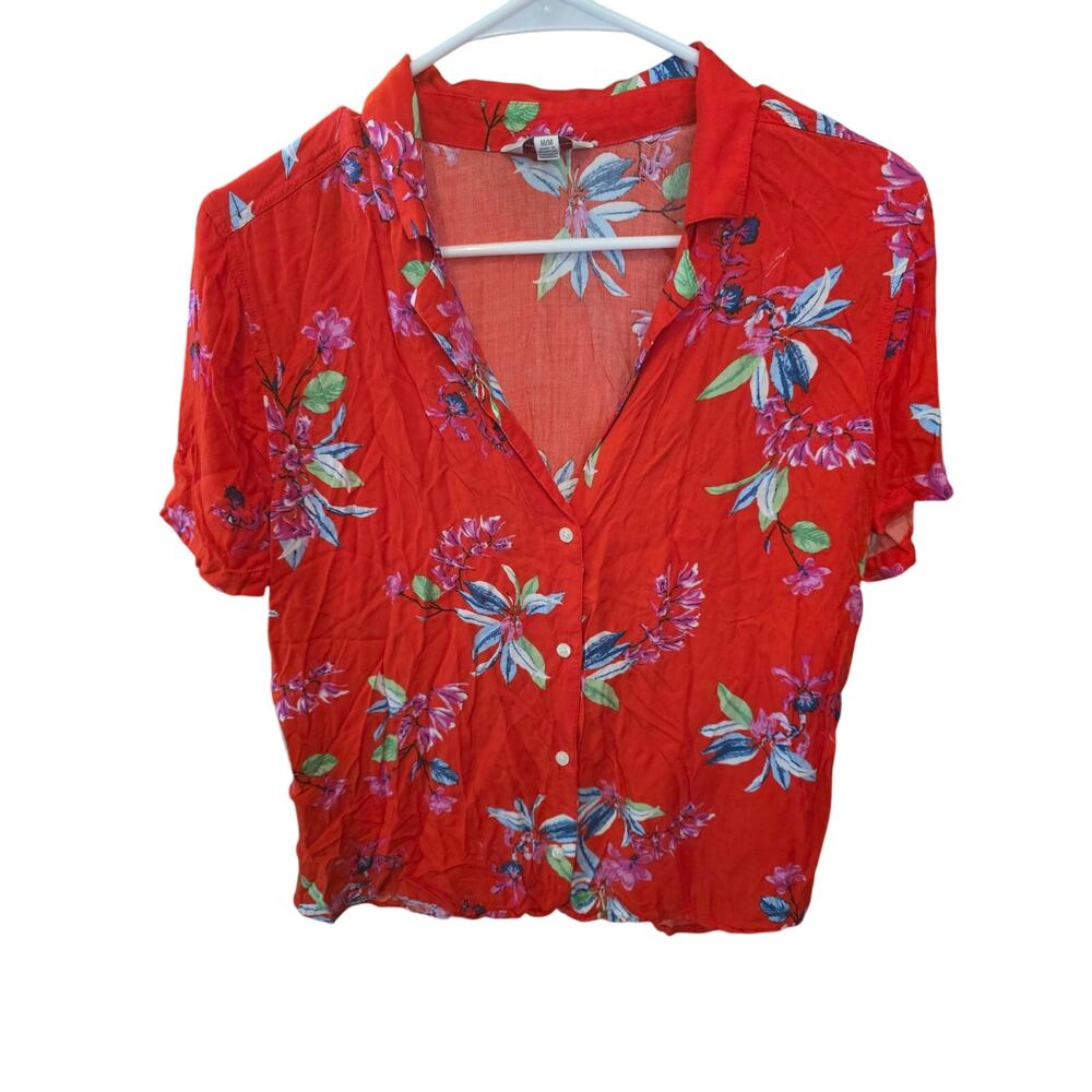 Lucky‎ Brand Tropical Button Front TShirt M Womens Red Light Weight Beachy
